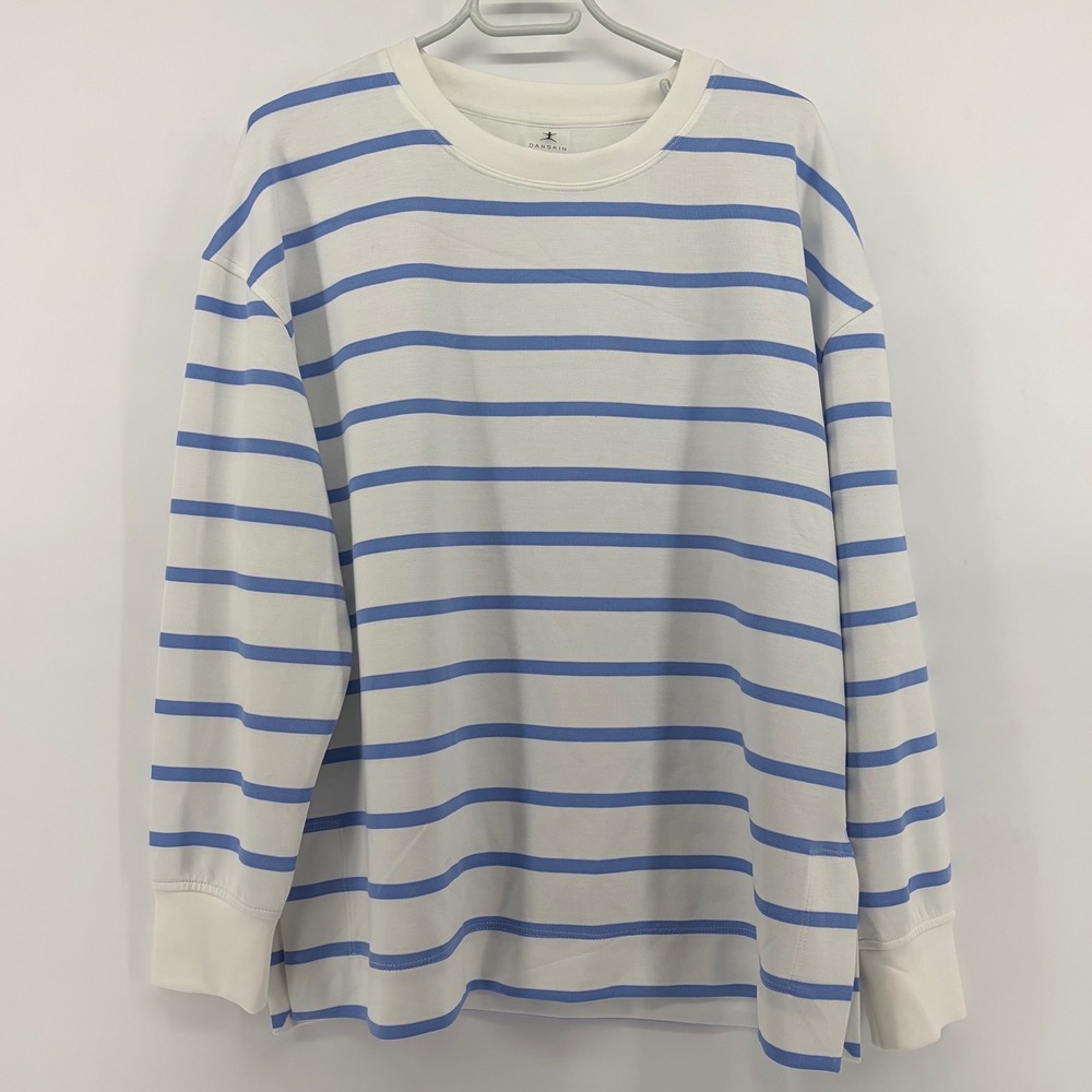 Danskin Womens White Blue Striped Crewneck Sweatshirt Long Sleeve Pullover NWT L